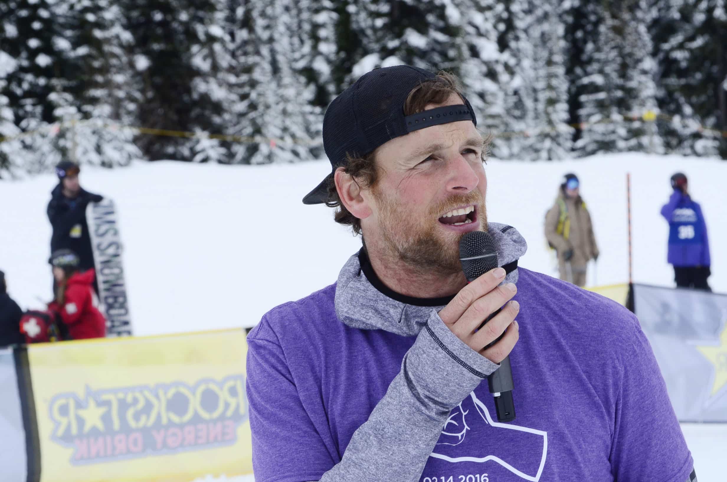 Jacob Hanson entertains the crowd at the finish line.