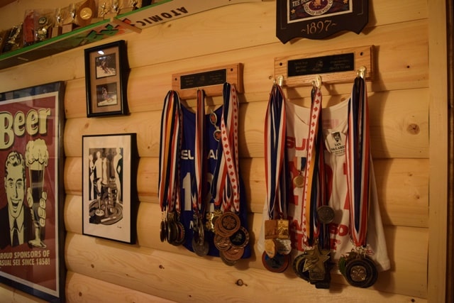 Medals and jerseys displayed in McLaren's home. Photo Jean Strong.