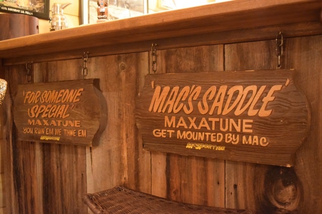 Signs from McLaren's ski shops before McSporties opened decorate his home. Photo Jean Strong.