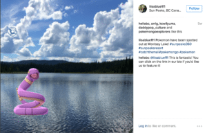 Gotta catch'em all! An Instagram screenshot showing an "Ekans" at nearby Morrisey Lake.