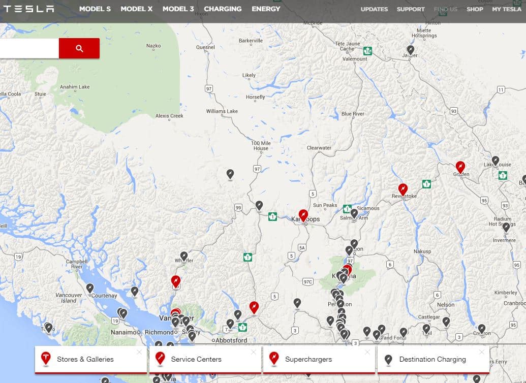 An interactive map shows the current Supercharger and Destination Charging locations in B.C. - Photo www.teslamotors.com