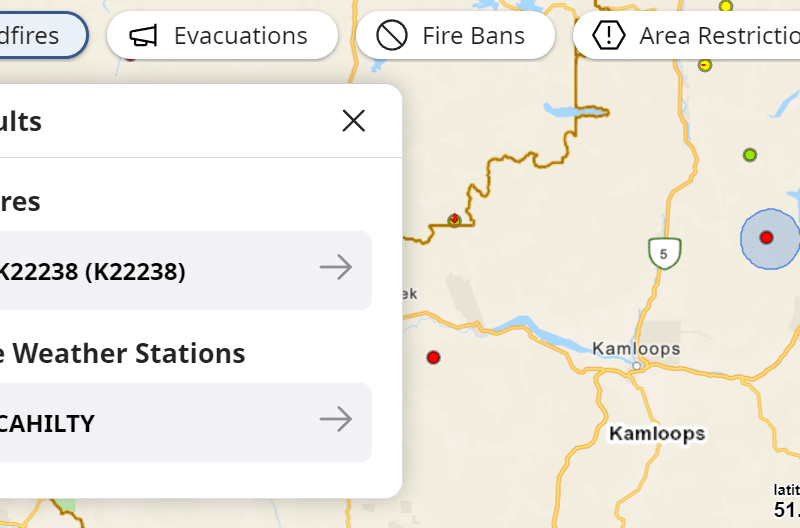 Wildfire near Sun Peaks. Photo via BC Wildfire map